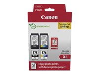 Canon PG-575XL/CL-576XL Photo Paper Value Pack - 2-pack - Lång livslängd - svart, färg (cyan, magenta, gul) - original - hängande låda - bläckpatron/papperssats - för PIXMA TR4750i, TR4751i, TR4755i, TS3550i, TS3551i 5437C006