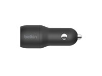 Belkin BoostCharge Dual Charger - Strömadapter för bil - 24 Watt - 4.8 A - 2 utdatakontakter (USB) - på kabel: USB-C - svart CCE001BT1MBK